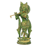Green brass Krishna statue with flute, 11 inches, ornate headdress, standing