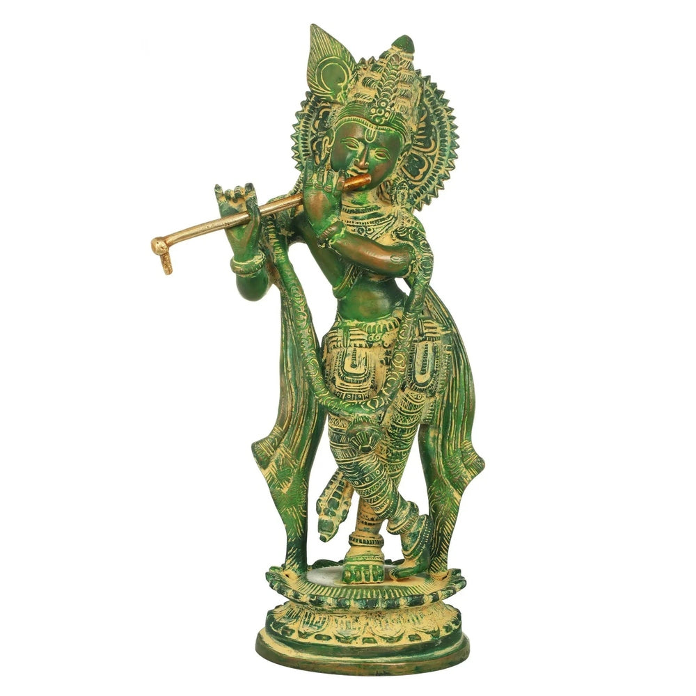 Green brass Krishna statue with flute, 11 inches, ornate headdress, standing