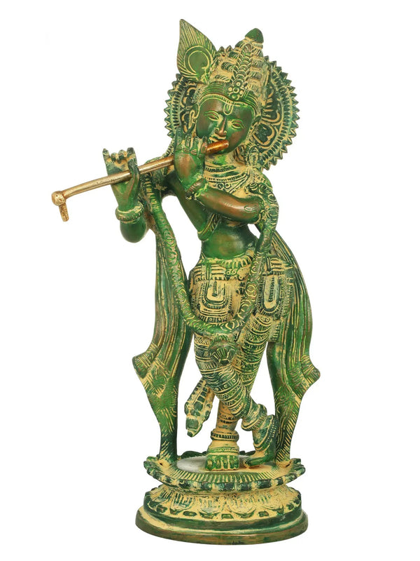 Handcrafted Green Chala Brass Krishna Statue 11 inches