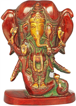 Brass Lord Ganesha Idol with an Elephant Head Backdrop 5 inches