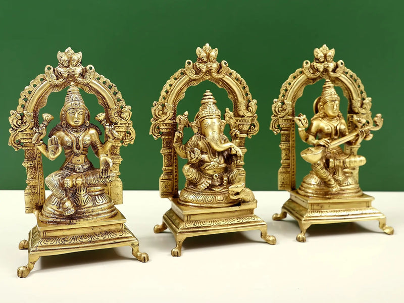 Brass trio Ganesha, Lakshmi and Saraswati statue (Height: 8 inches)
