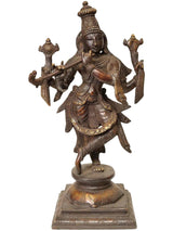 Handmade brass Krishna statue in tribhanga pose, holding flute and decorative arms