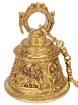 Brass hanging bell with engraved Lord Shiva, Hanuman, Ganesha and Lakshmi panels