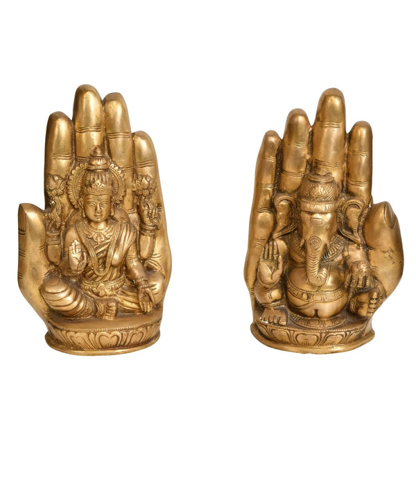 Set of two brass statues featuring Lakshmi and Ganesha in hands 8 inches