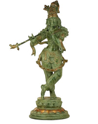 Antique green-gold brass flutist figurine, 56 cm, holding a flute