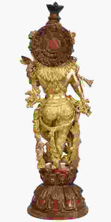 Murli Krishna brass figurine, close view of gold torso and dark brown back, detailed base