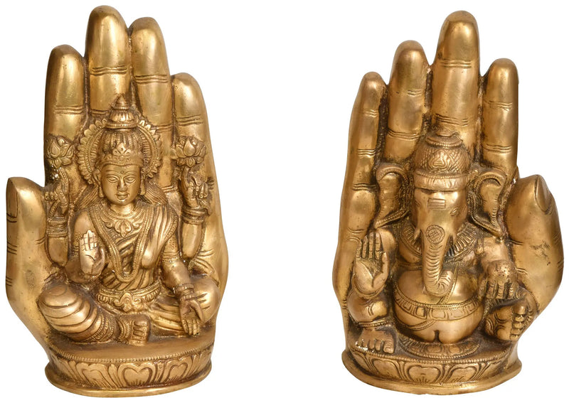 Set of two brass statues featuring Lakshmi and Ganesha in hands 8 inches