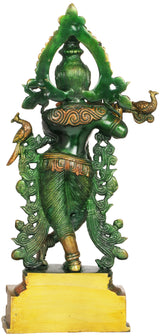 Back view of green and gold Venugopala (Krishna) statue, flute player with decorative base