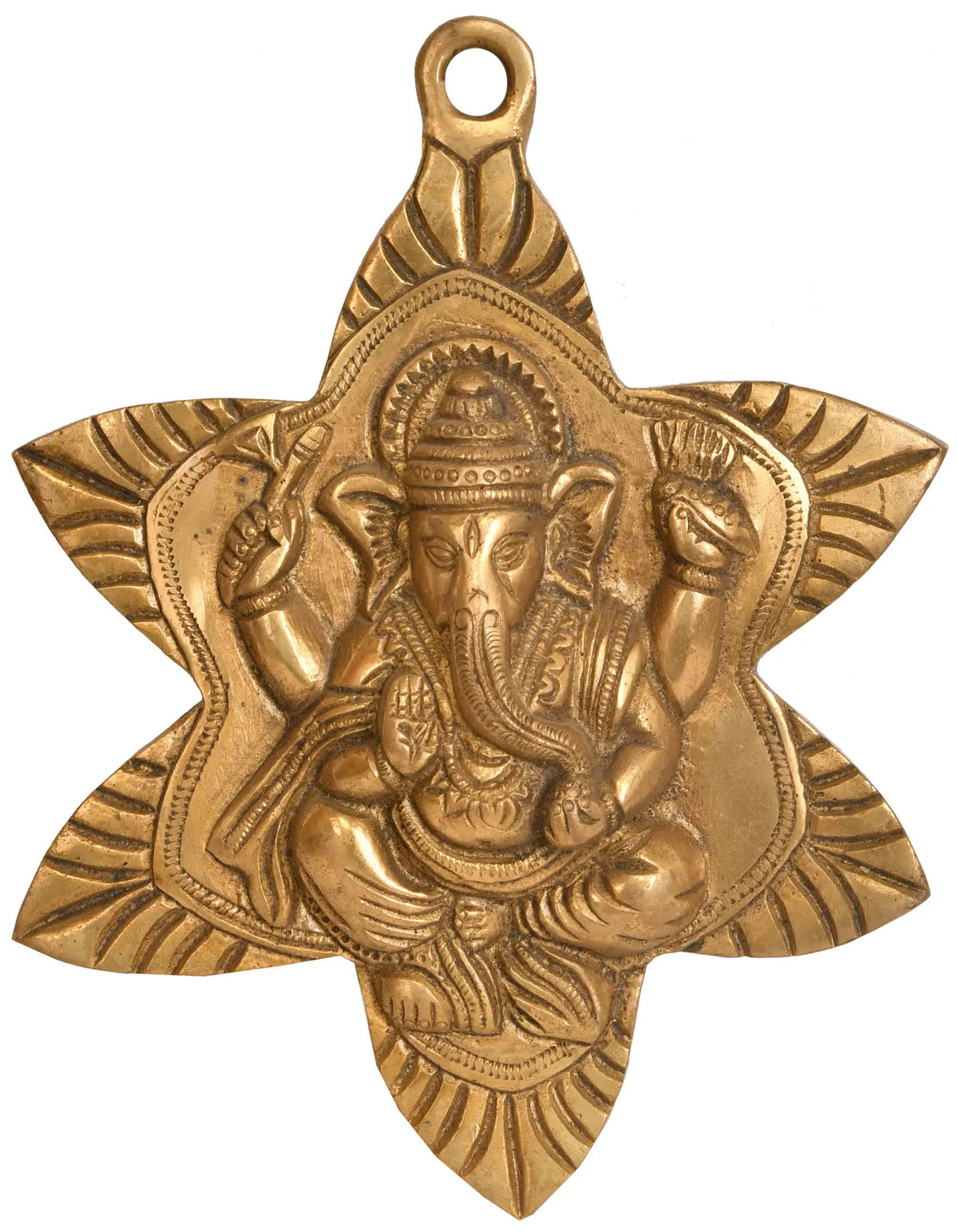 Brass Ganesha wall hanging in star motif, 7-inch brass pendant