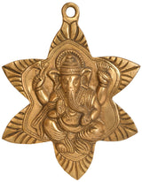 Brass Ganesha wall hanging in star motif, 7-inch brass pendant