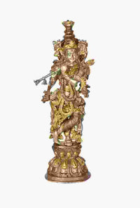Handmade Murli Krishna brass statue, 24 inches, ornate gold-silver detailing