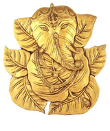 Brass Ganesha wall hanging idol with peepal leaves, 8 in