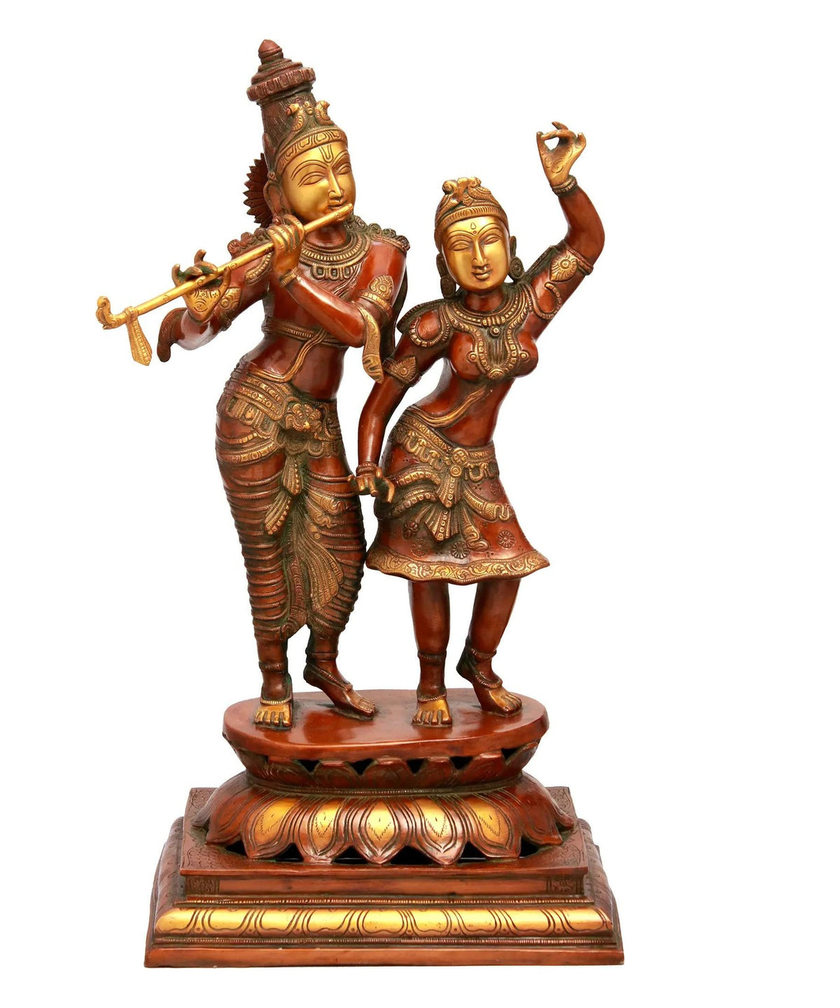 23-inch brass Radha-Krishna statue: Radha dances beside Krishna playing flute on base