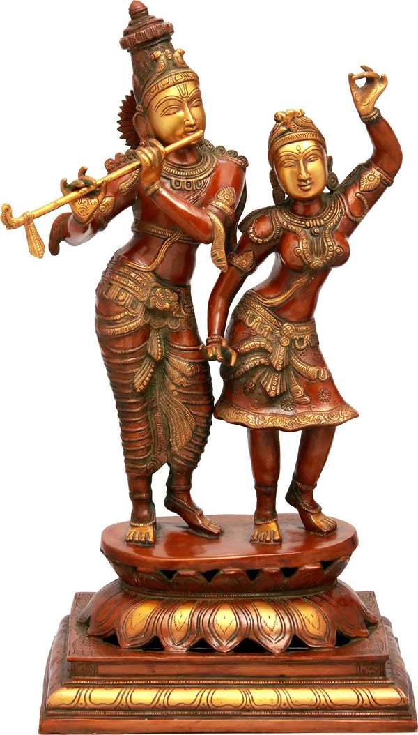 Brass Statue Depicting Radha Dancing on the Flute of Her Beloved Krishna 23 INCHES