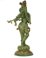 Green-gold brass flutist statue, ornate crown, flute held in front, 56 cm