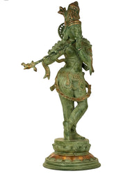 Green-gold brass flutist statue, ornate crown, flute held in front, 56 cm