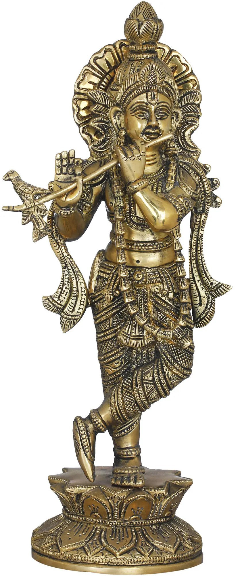 Handmade Brass Sculpture of Krishna, The Divine Flutist 14 inches