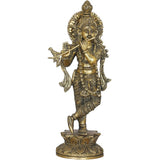 Handmade brass Krishna sculpture with flute, AONA, standing on ornate base