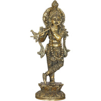 Handmade brass Krishna sculpture with flute, AONA, standing on ornate base
