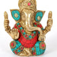 Small brass idol of Lord Ganapati with inlay work 4 inches