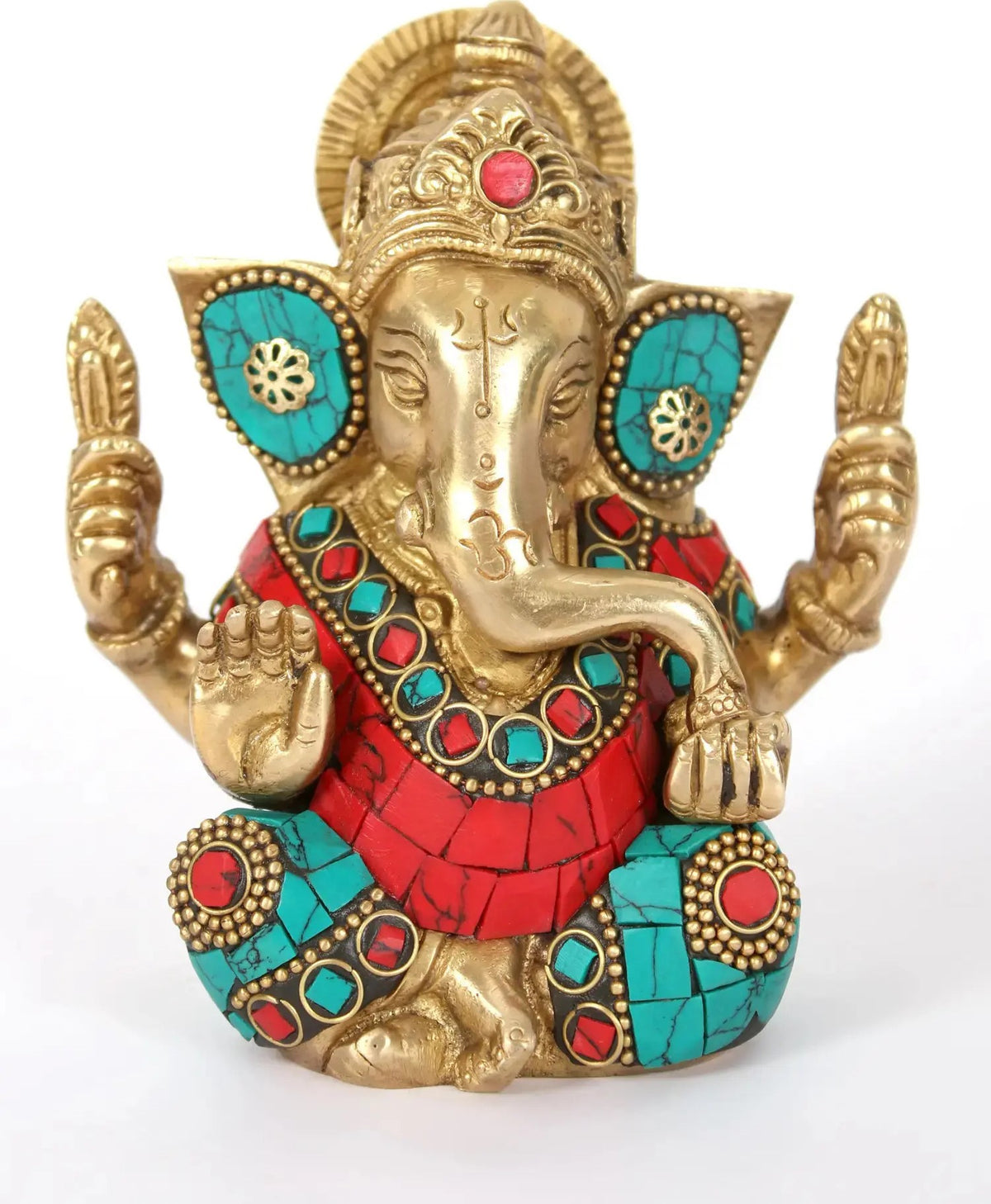 Small brass Ganapati idol with colorful inlay work, red and turquoise stones, 4 inches