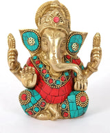Small brass Ganapati idol with colorful inlay work, red and turquoise stones, 4 inches