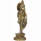 Brass Krishna divine flutist sculpture in side view, detailed patterned clothing