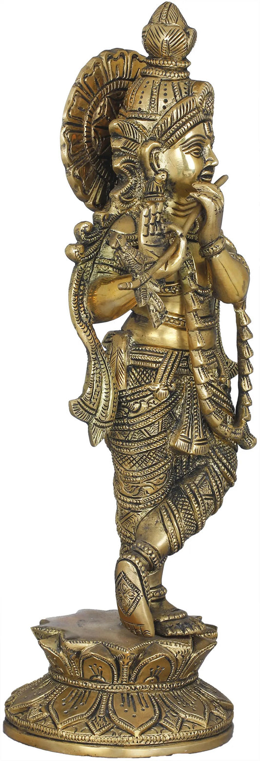 Handmade Brass Sculpture of Krishna, The Divine Flutist 14 inches