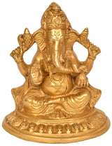Handmade brass Ganesha statue in Ashirwad mudra, seated, 6 inch