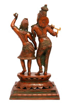 23-inch brass Radha and Krishna dancing statue, Krishna holding flute, side view on base