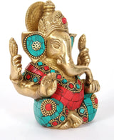 Ganapati brass idol, gold-toned face with red gem; turquoise and red inlay ornaments