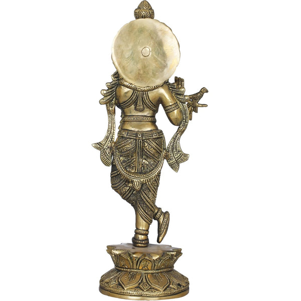 Handmade Brass Sculpture of Krishna, The Divine Flutist 14 inches Study Setting