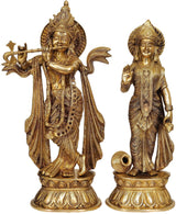 Handcrafted brass Lord Krishna and Radha statues, Krishna holds a flute, Radha stands