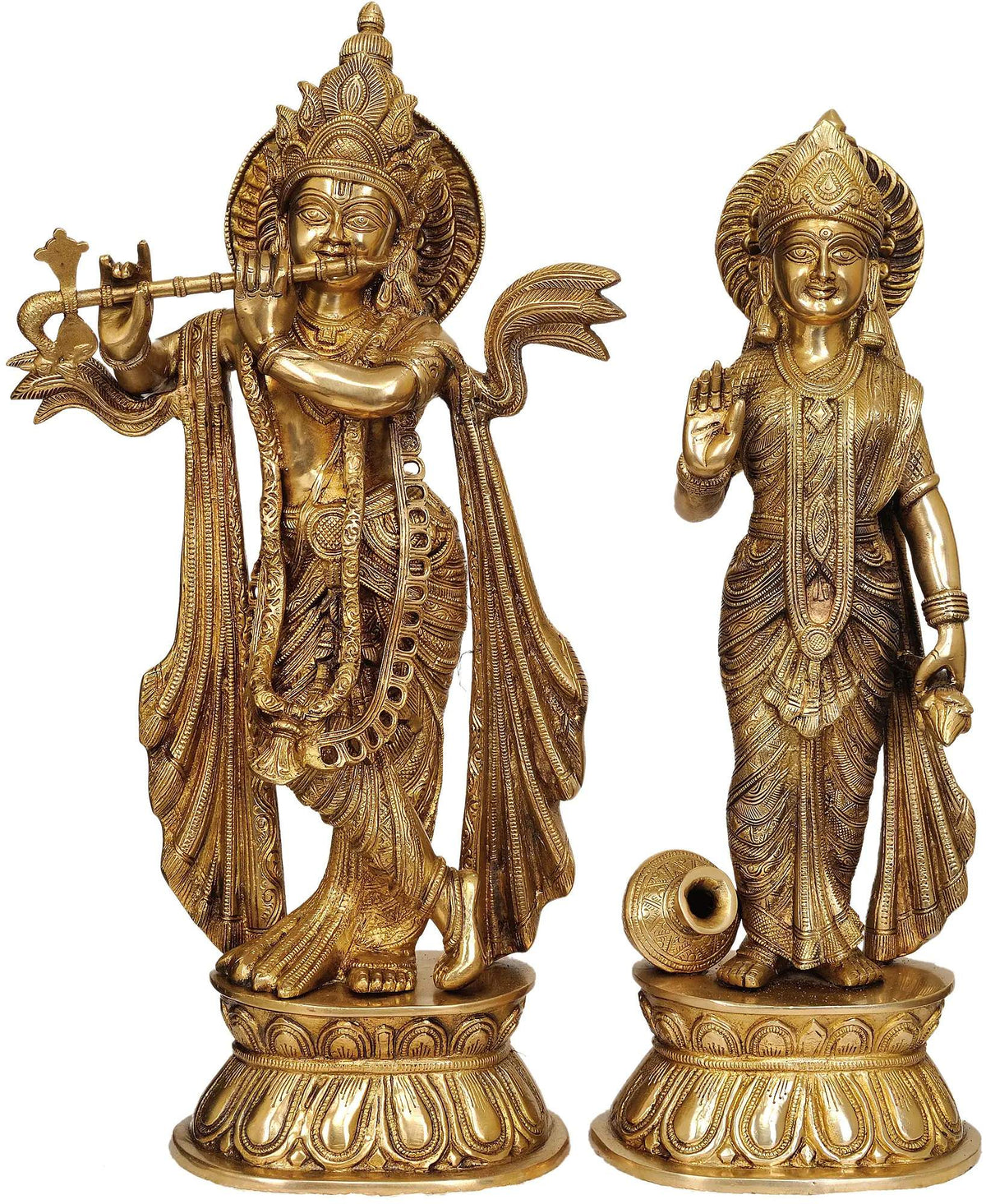 Handcrafted brass Lord Krishna and Radha statues, Krishna holds a flute, Radha stands