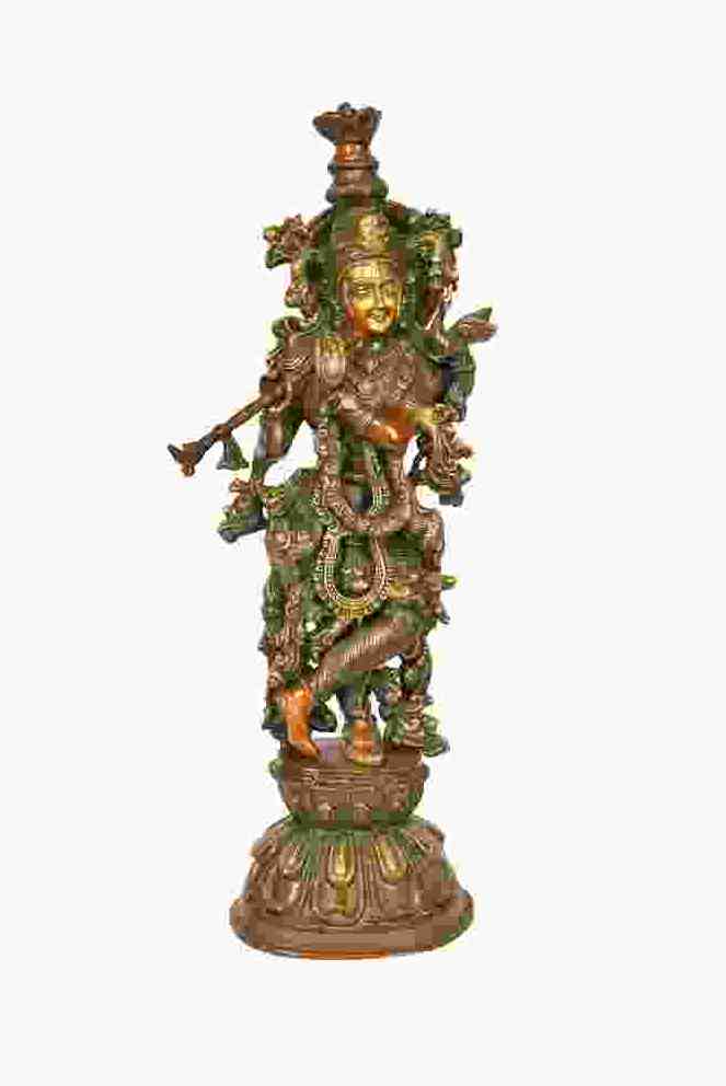 Handmade double-chala brass Murli Krishna statue, 24 inches, front view