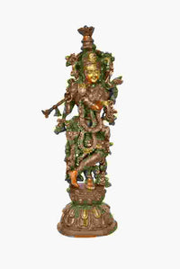 Handmade double-chala brass Murli Krishna statue, 24 inches, front view