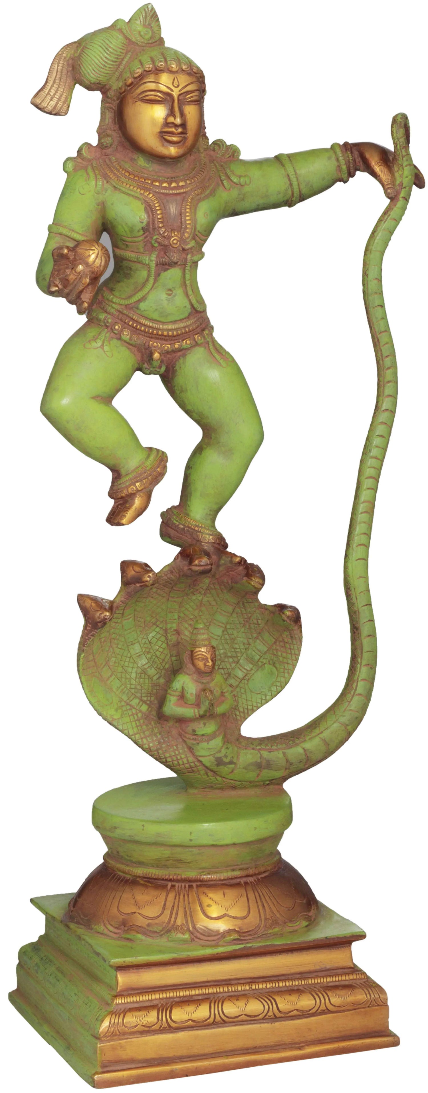 Green Chala Brass Statue Depicting Lord Krishna Vanquishing Kaliya 18 Inches