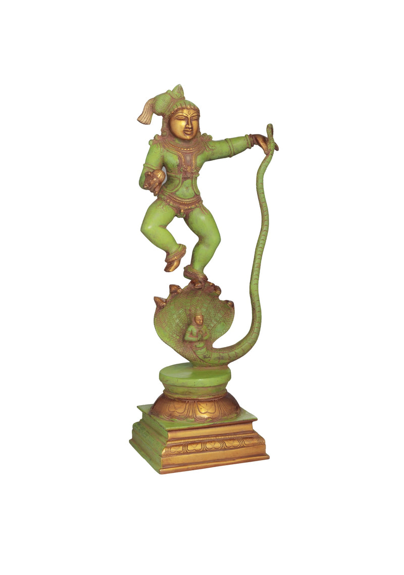 Green Chala Brass Statue Depicting Lord Krishna Vanquishing Kaliya 18 Inches