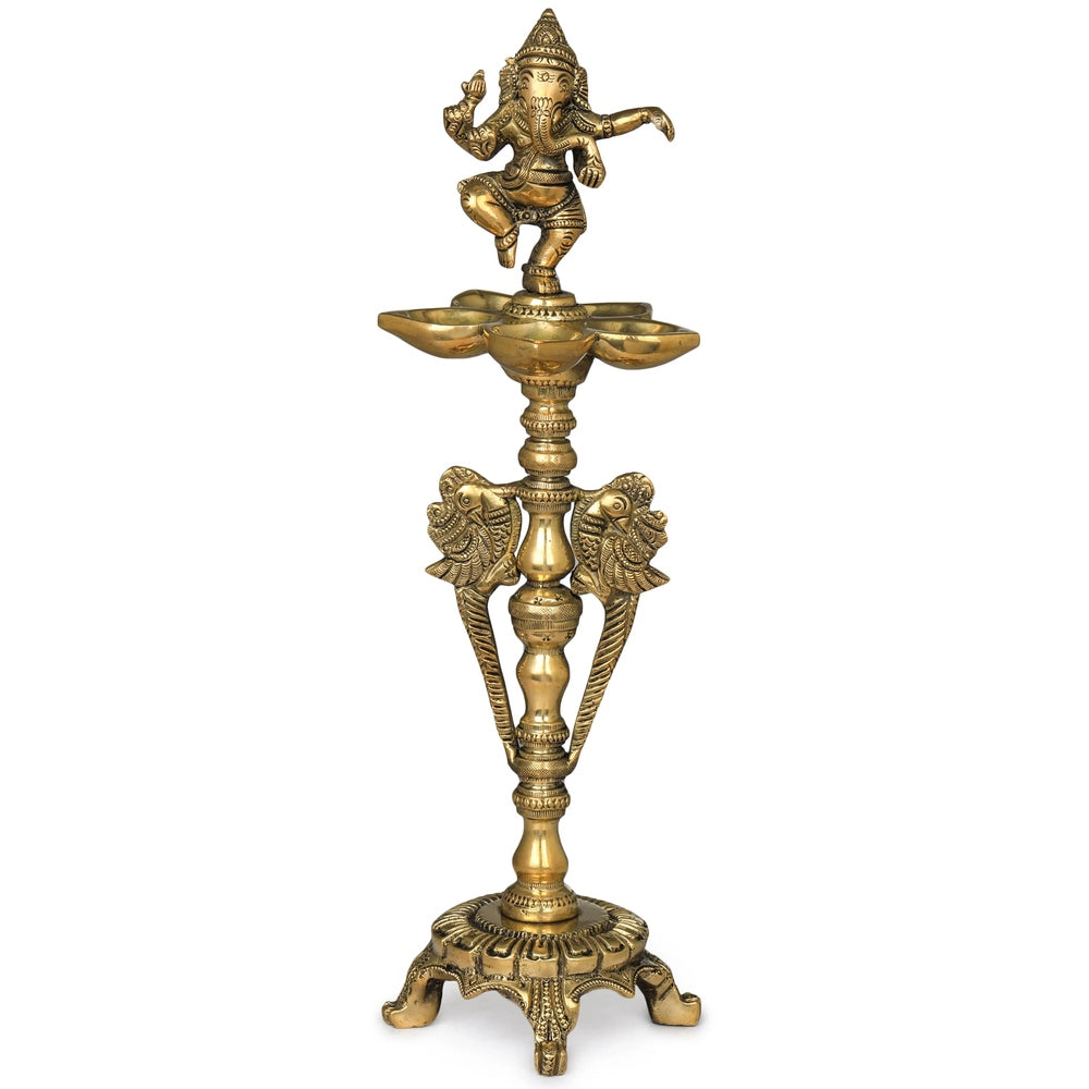 Brass Ganesha lamp, seated figure on tiered stand with wide flame-shaped bowl