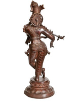 Brass Divine Flutist statue, 56 cm, side view with flute raised and carved details