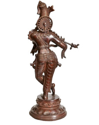 Brass Divine Flutist statue, 56 cm, side view with flute raised and carved details
