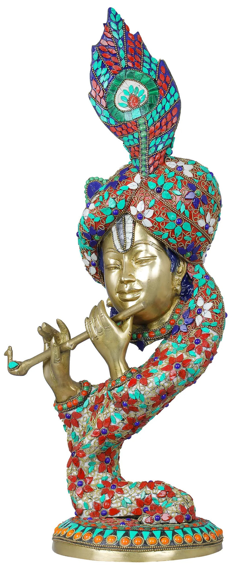 Handmade Brass Sculpture of Stylized Krishna Playing the Flute 20 Inches