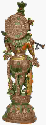 Murli Krishna brass statue, 24 inches, detailed rear medallion and ornaments