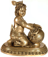 Handmade brass Kanha butter thief statue, seated with hands holding vessel, 18 in