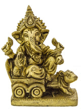 Brass Ganesha idol on mouse chariot, 3-inch gold-tone figure, front view.