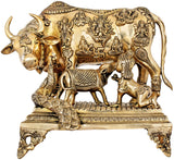 Handmade brass cow sculpture with deity relief panels and ornate stand