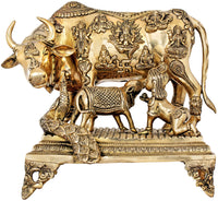 Handmade brass cow sculpture with deity relief panels and ornate stand