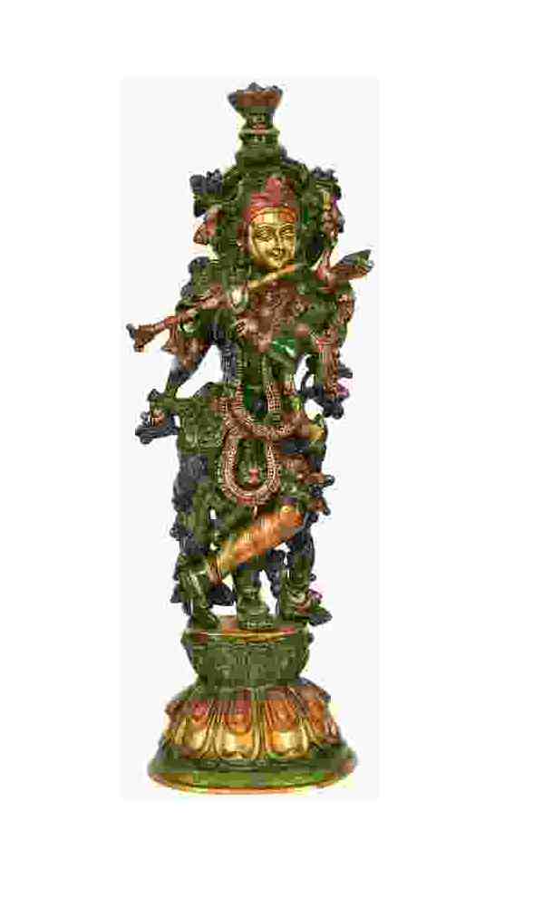 Bronze-toned Handmade Henna touch Murli Krishna statue, 24 inches, standing