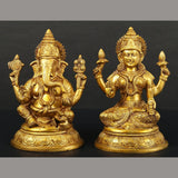 Gold brass Lakshmi and Ganesha statues, front view, 8 inches tall