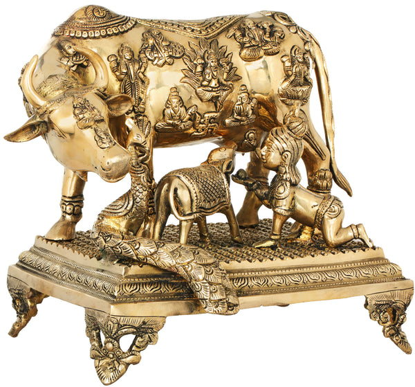 Handmade Brass Sculpture of the Belief: "All Gods Live in the Body of a Cow" 12 inches